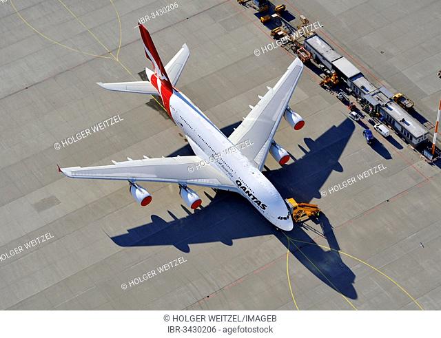 Aerial view, Airbus A380 from Qantas being prepared for delivery at the factory airfield of Finkenwerder