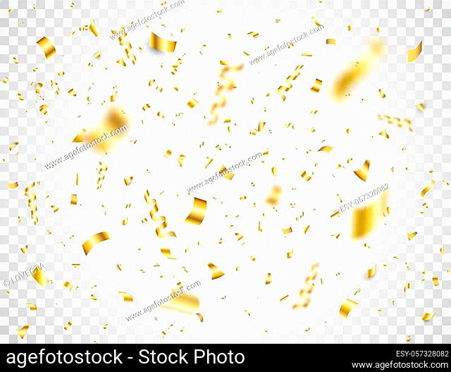 Confetti on transparent background. Falling shiny gold confetti. Bright golden festive tinsel. Party backdrop. Holiday design elements for web banner, poster