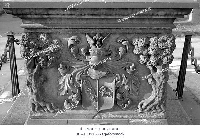 Churchyard of St Mary at Lambeth, Lambeth Palace Road, Lambeth, London, c1945-1980. Detail view showing a relief depicting a coat of arms on one side of an...