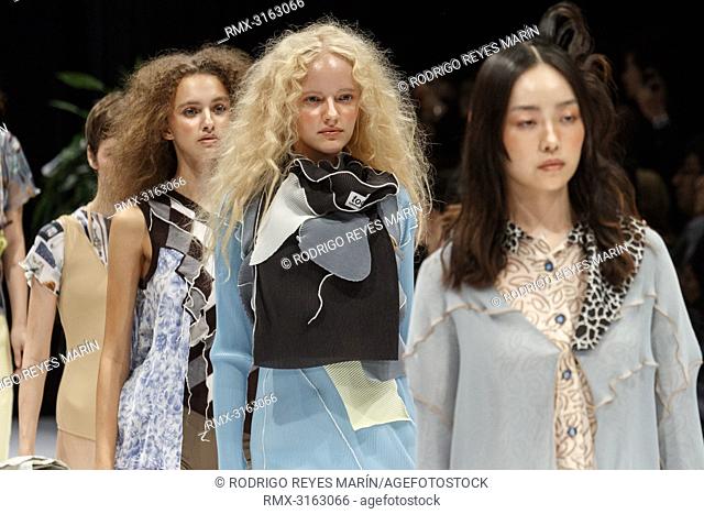 October 17, 2018, Tokyo, Japan - Models wearing fashion brand 'kotohayokozawa' walk down the catwalk during the Amazon Fashion Week TOKYO 2019 S/S collection at...