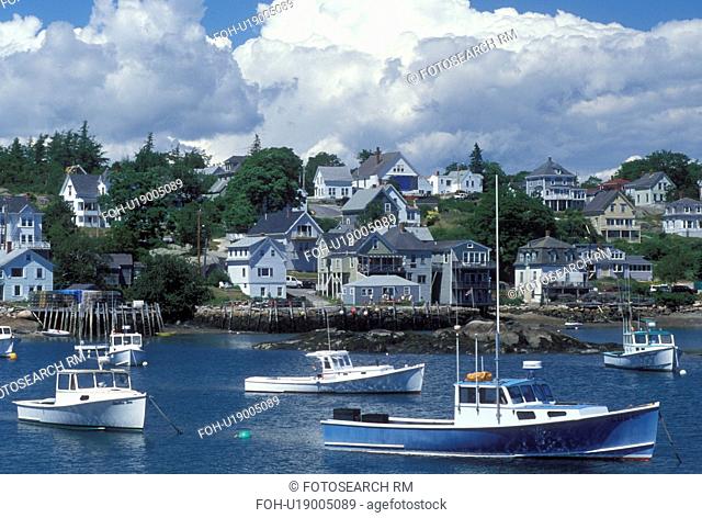 lobster boats, ME, Stonington, Maine, Deer Isle, Lobster boats buoyed in the harbor of the lobstering village of Stonington on Deer Isle on the Atlantic Ocean