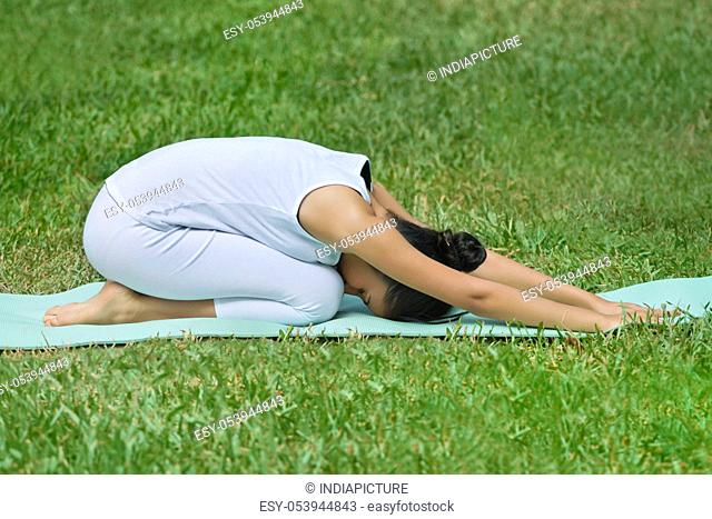 Young woman doing yoga on a lawn