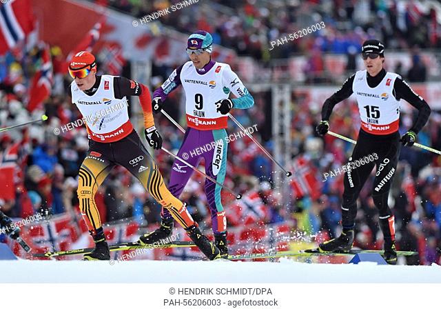 (L-R) Eric Frenzel of Germany, Akito Watabe of Japan and Tim Hug of Switzerland in action during the Nordic Combined Individual Large Hill / 10 km Gundersen...