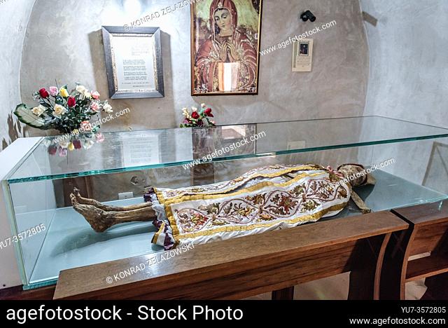 Patriarch mummified body in Our Lady of Qannoubine Monastery in Kadisha Valley also called Holy Valley in North Governorate of Lebanon