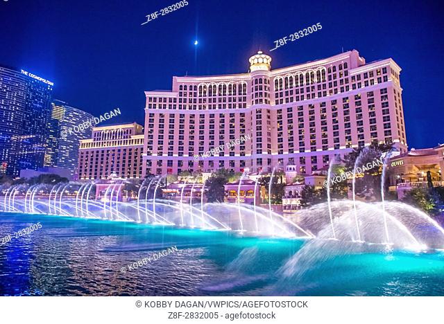 Bellagio hotel and the dancing fountains in Las Vegas. Bellagio is a luxury hotel and casino located on the Las Vegas Strip