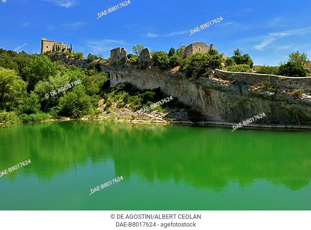 The castle and the basin formed by the dam, Saint-Saturnin-les-Apt, Provence-Alpes-Cote d'Azur, France