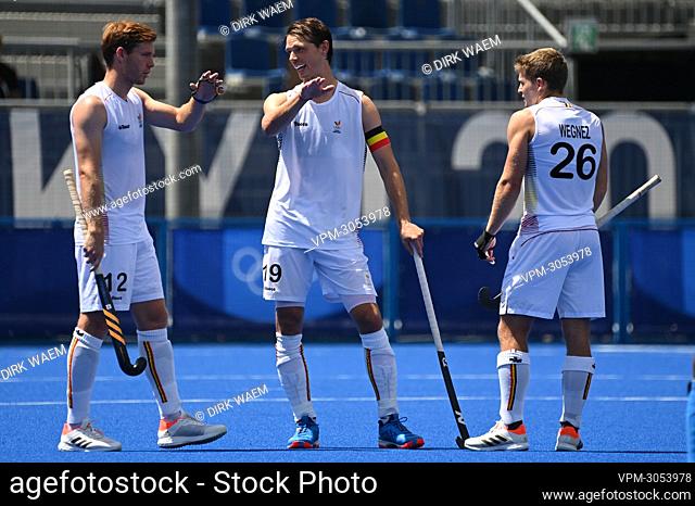 Belgium's Loick Luypaert celebrates after scoring during a semi-final hockey match between Belgium's Red Lions and India, in the men's field hockey tournament