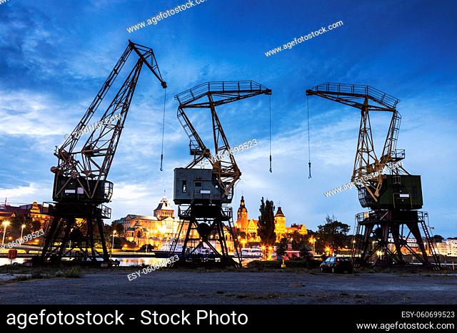 Old cranes in Szczecin. Szczecin, West Pomeranian, Poland