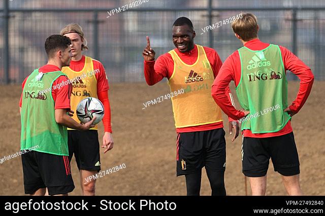 Belgium's Christian Benteke gestures during a press conference of the Belgian national team, the Red Devils, Monday 28 March 2022 in Tubize