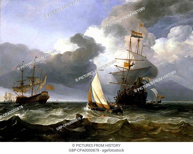 Netherlands: A Smalschip with Two Dutch East Indiamen Coming to Anchor, by Hendrik-Jacobsz Dubbels (1621-1701)