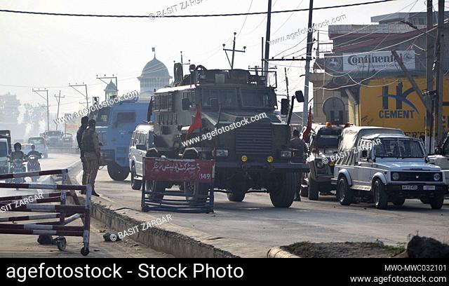 Security forces at Pantha chowk in the outskirts of Srinagar. Three militants and one policeman were killed in an encounter between the two groups