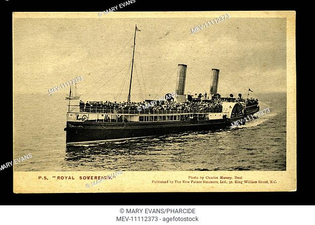 Paddle steamer Royal Sovereign, with passengers and crew crowded onto the deck