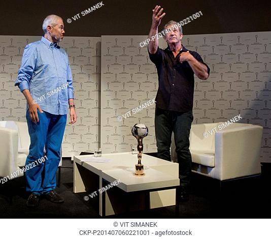 Hollywood actor, director and producer Mel Gibson (right) is seen during a talk show of Marek Eben (left) Na plovarne during the 49th Karlovy Vary International...