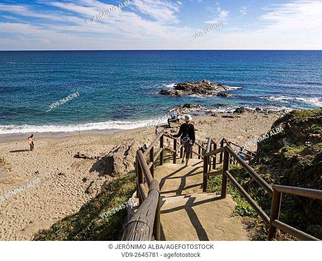 Senda Litoral. Pathway wooden walkway path beach, Mijas Malaga province Costa del Sol. Andalusia southern Spain Europe