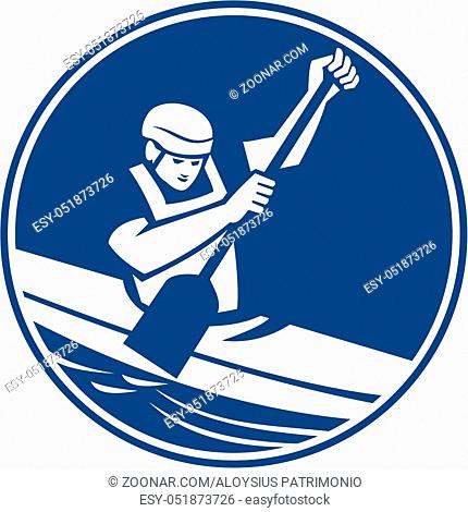 Icon illustration of a man in a canoe kayak with paddle canoeing slaloming viewed from front set inside circle on isolated background done in retro style