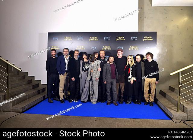 ROME, ITALY - DECEMBER 12: Asia Argento, Christian De Sica, Ambra Angiolini, Pietro Sermonti Eros Puglielli attends a photocall for the movie ""Gigolò Per...