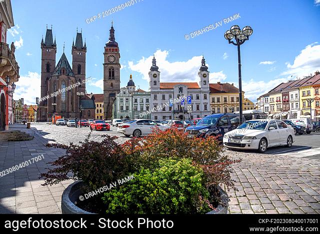 White Tower (Bila vez) and the Cathedral of the Holy Spirit (Katedrala svateho Ducha) in the Great Square (Velke namesti) in Hradec Kralove, Czech Republic