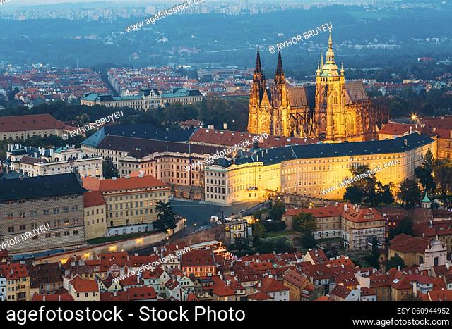 View of Prague, Czech Republic. Castle, St. Vitus Cathedral. Aerial view to Lesser Town, Prague castle and St. Nicholas church