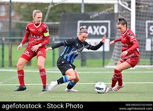 Fleur Pauwels (17) of Club YLA with Luisa Blumenthal (27) of Zulte-Waregem and Pauline Windels (5) of Zulte-Waregem pictured during a female soccer game between...