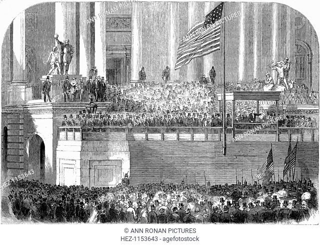 Inauguration of President Lincoln, Washington DC, 4 March 1861. Abraham Lincoln (1809-1865) delivering his inaugural address as President in front of the...