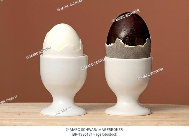 1 hen's egg and 1 fermented duck egg, also known as century egg, preserved egg, hundred-year egg, thousand-year egg, or thousand-year-old egg, egg cups