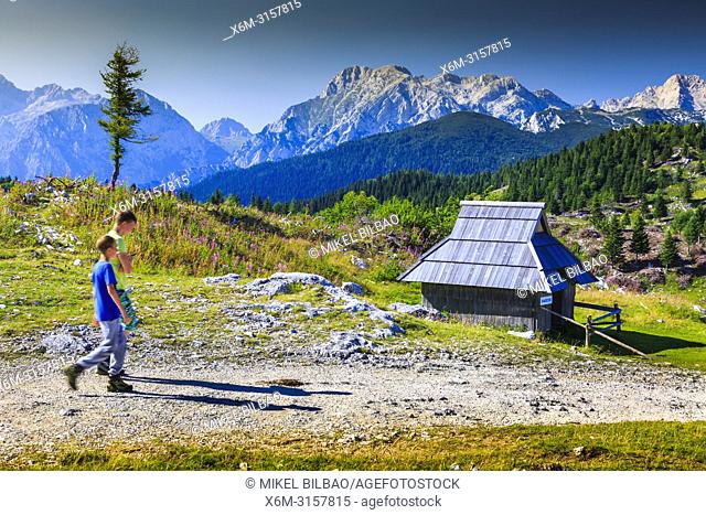 Mountains in summer, tourists and huts. Velika Planina sky area. Upper Carniola region. Slovenia, Europe