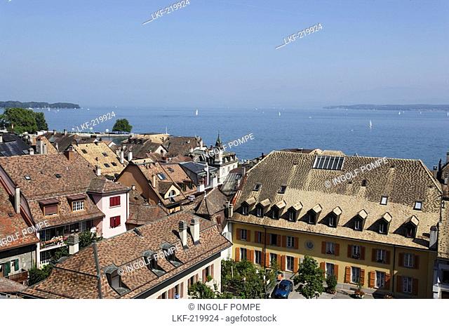 View over roofes of Nyon to lake Geneva, Nyon, Canton of Vaud, Switzerland