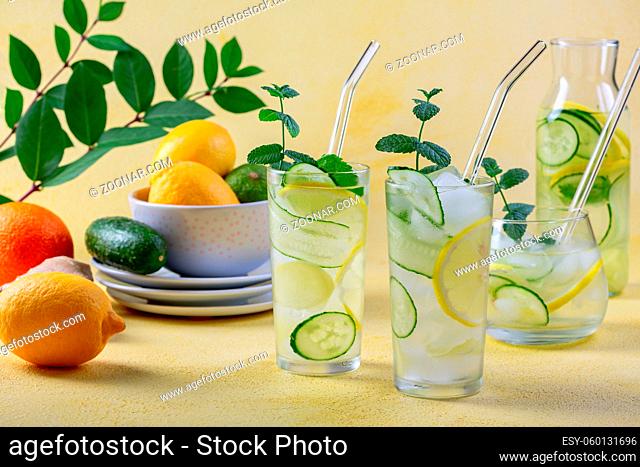 Cold Sassi water. Fresh cool water with cucumber, lemon, ginger and mint. Detox and weight loss