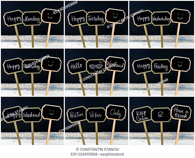 Photo collage of various greeting messages written with chalk on wooden mini blackboard labels, defocused chalkboard and wood table in background