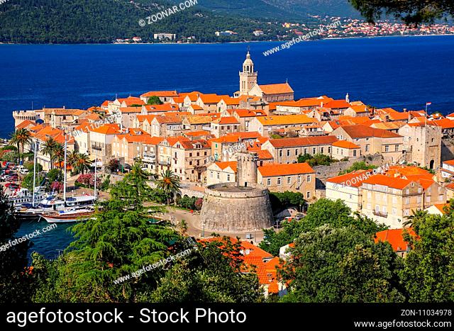 View of Korcula old town, Croatia. Korcula is a historic fortified town on the protected east coast of the island of Korcula