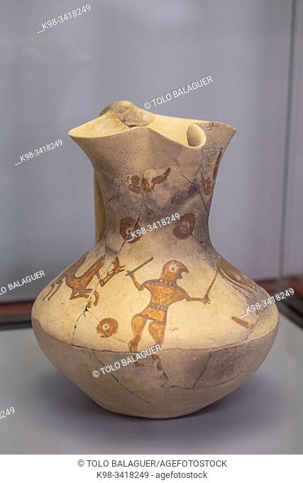 jarra de boca trilobulada con escena de doma , siglo I a. C. Procedente de Numancia, Garray, museo Numantino de Soria, Soria
