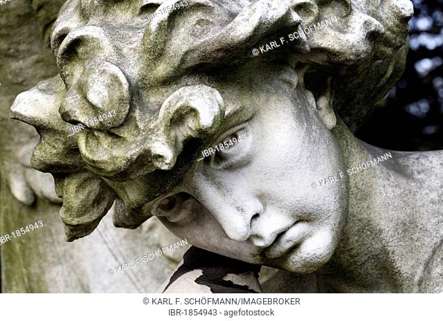 Face of a mourning angel, historic grave sculpture for the painter Andreas Achenbach, Nordfriedhof cemetery, Duesseldorf, North Rhine-Westphalia, Germany