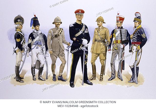 The evolving uniform of The Light Dragoons. From Left - 13th Light Dragoons 1790, Stock Photo, Picture Rights Managed Image. Pic. MEV-10284948 | agefotostock