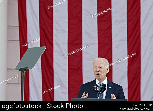 United States President Joe Biden speaks at the National Veterans Day Observance ceremony at the Memorial Amphitheater at Arlington National Cemetery in...