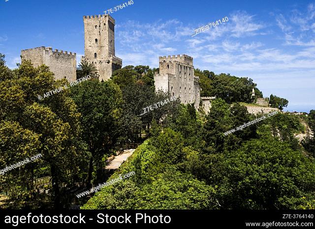 Panoramic view of Erice featuring the Balio Towers and Venus Castle. Erice, Sicily, Italy, Europe