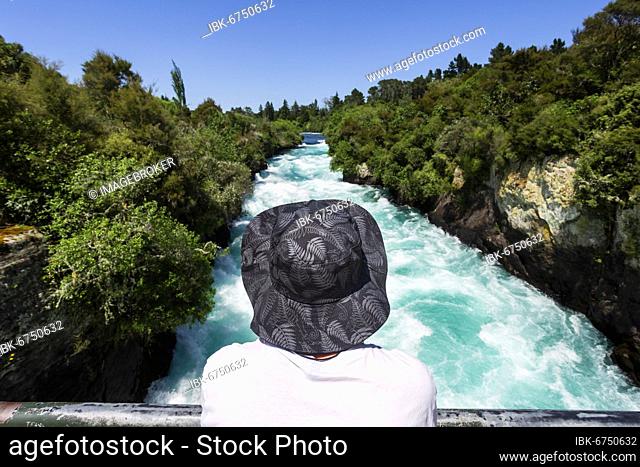 Guy at Huka Falls, Waikato River, Waikato, North Island, New Zealand, Oceania