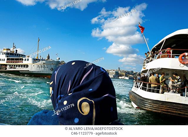 Commuters on Bosphorus ferry. Istanbul.Turkey