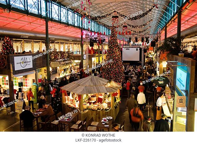Market Hall Schrannenhalle with christmas decoration, Munich, Upper Bavaria, Germany