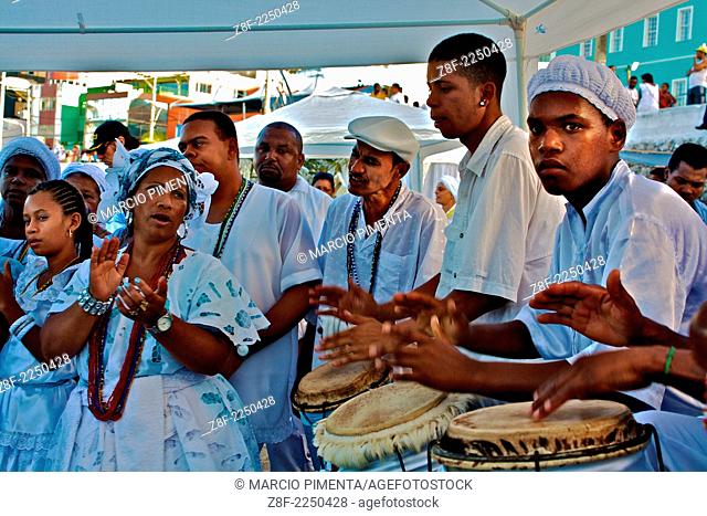 Religious and folk group playing music at the Yemanja?s Party. Salvador, Bahia, Brazil