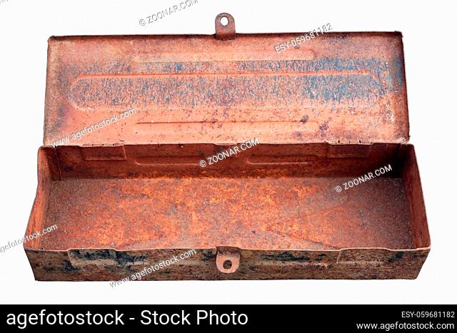Rusty old open vintage empty metal box for tools isolated on white
