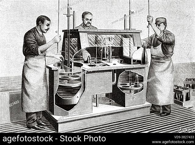 Device for bottling sterilized water. Old 19th century engraved illustration from La Nature 1893