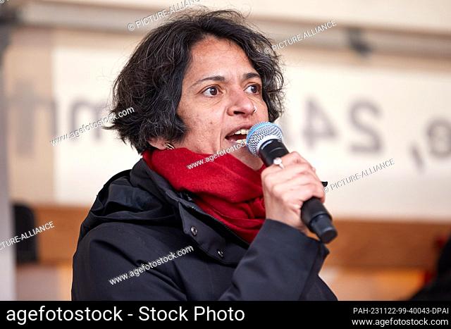 22 November 2023, Hamburg: Tanja Chawla, Chairwoman of the DGB Hamburg, addresses the participants at the opening rally at the Gewerkschaftshaus am...