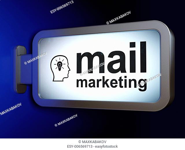 Advertising concept: Mail Marketing and Head With Lightbulb on advertising billboard background, 3d render