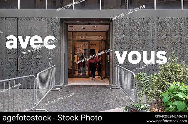 Emmanuel Macron's party headquarters with his slogan ""Avec vous"" (With You) on the facade, Paris, France, on Sunday, April 24, 2022