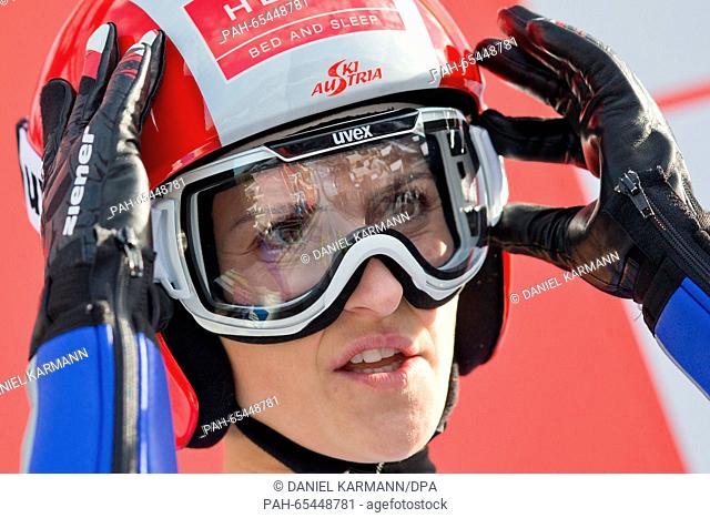 Austrian ski-jumper Eva Pinkelnig prepares for a trial round of the ski-jumping world cup women's event of the normal ski-jump event, women's