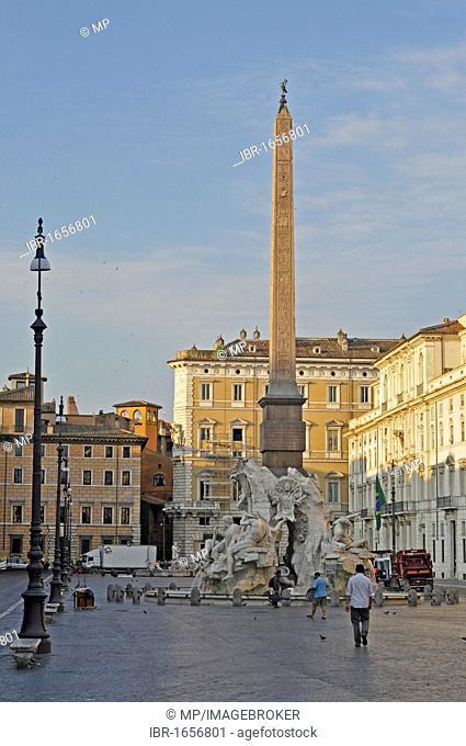Obelisk and Fontana dei Quattro Fiumi, Fountain of the Four Rivers, Piazza Navona, Rome, Lazio, Italy, Europe