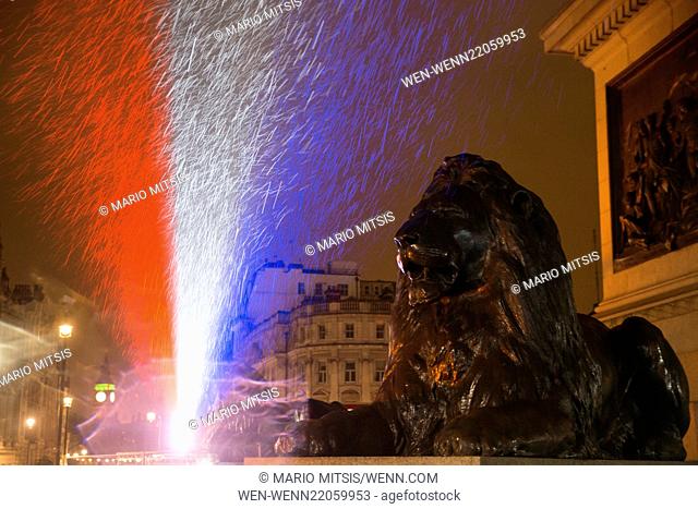 The National Gallery is illuminated with the Tricolor (French flag) in a show of solidarity with the unity march taking place in Paris