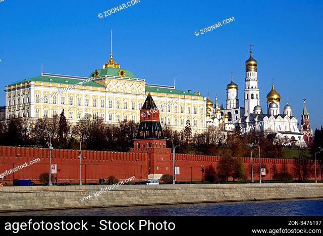 Moscow Kremlin red wall and river, Russia