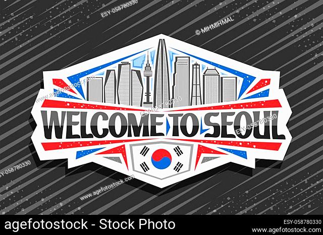 Vector logo for Seoul, white decorative signage with line illustration of modern seoul city scape on day sky background, art design fridge magnet with creative...