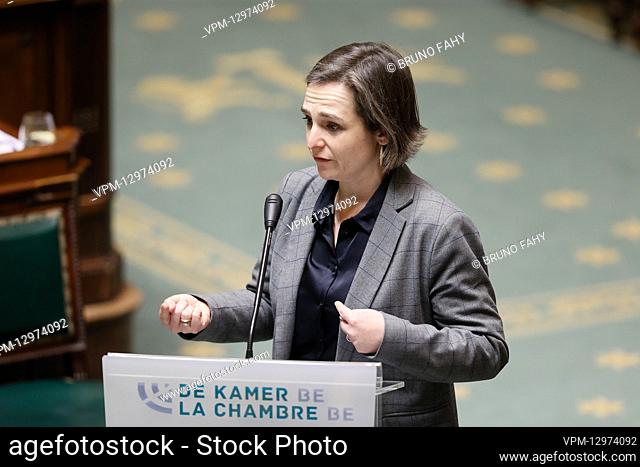 Vlaams Belang's Barbara Pas pictured during a plenary session of the Chamber at the Federal Parliament in Brussels, Thursday 24 February 2022